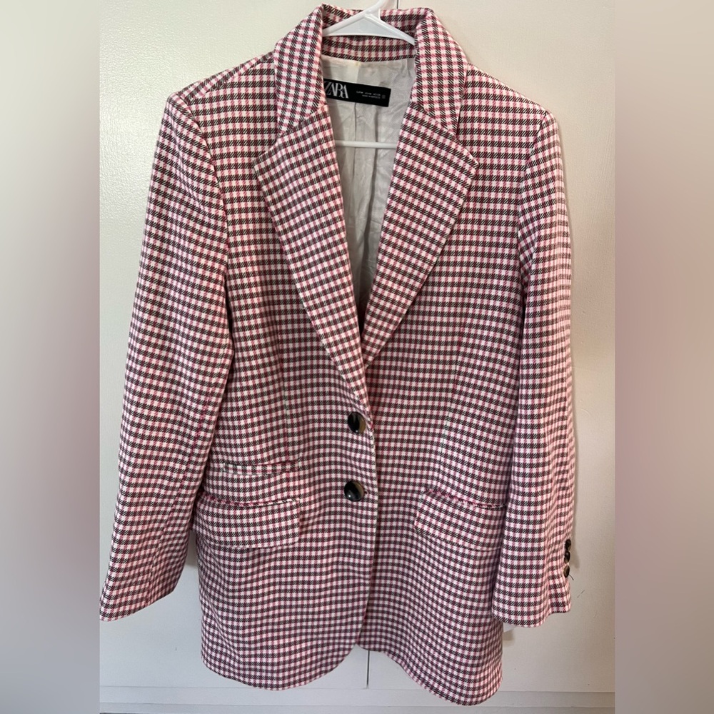 Zara Houndstooth Tweed Blazer Pink Gingham Oversized Women’s size M